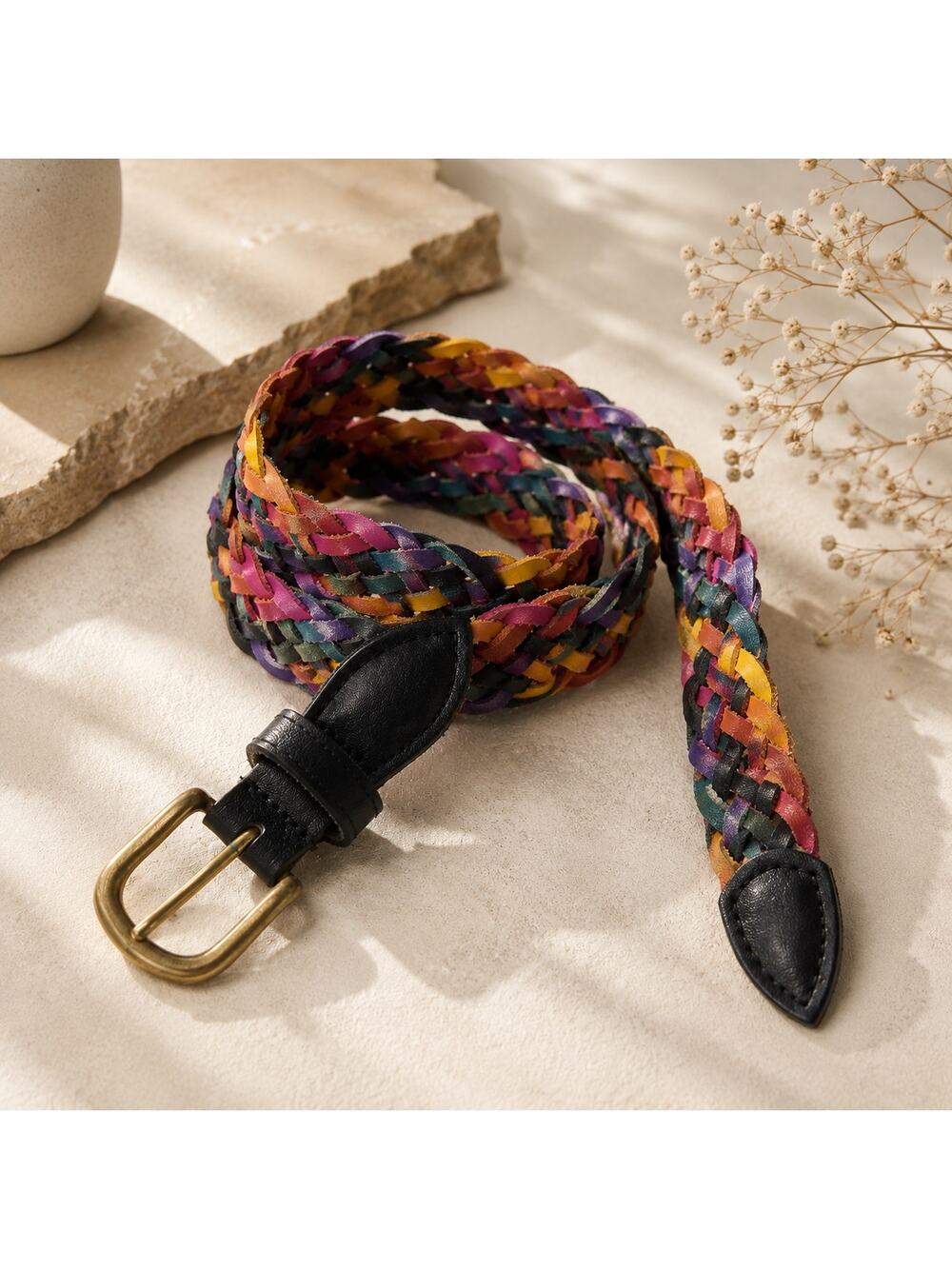 Colorful Braided Leather Belt Sz S Rainbow Woven Leather Boho Anthro Style